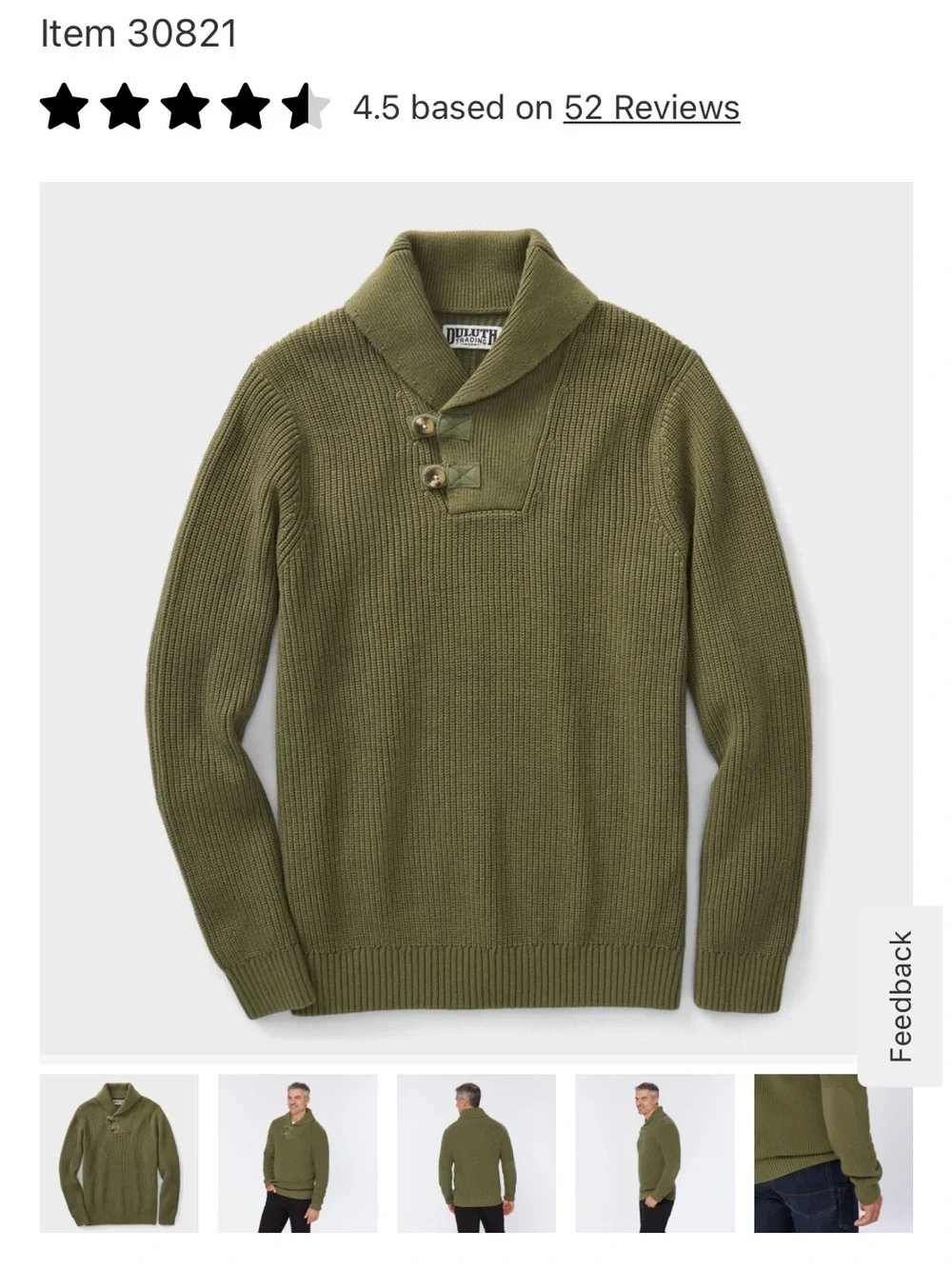 Men’s Duluth Brigadier Shawl Collar Sweater size 3XLT Major Green